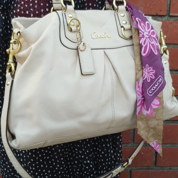 Coach | Bags | Coach Beige Leather Satchel With Patterned  Cream leather Coach purse with scarf main image 2